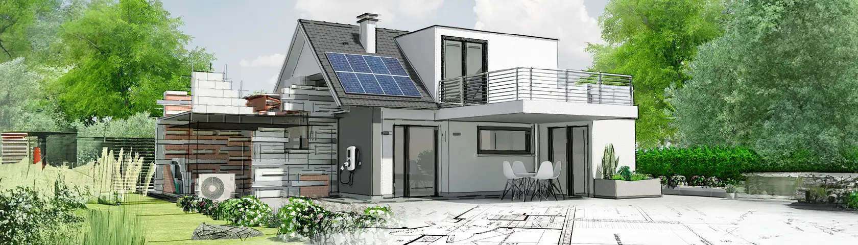 Neubau eines energieeffizienten Hauses mit Photovoltaikanlage, Wärmepumpe und Ladestation, kombiniert mit Architekturzeichnungen für den Netzanschluss.