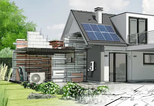 Neubau eines energieeffizienten Hauses mit Photovoltaikanlage, Wärmepumpe und Ladestation, kombiniert mit Architekturzeichnungen für den Netzanschluss.